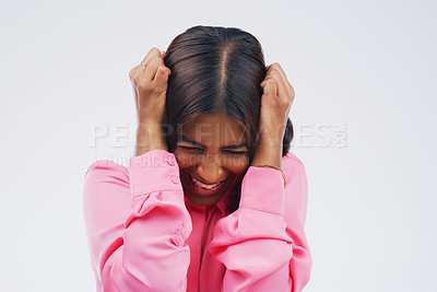 Buy stock photo Stress, frustrated and woman in studio with crisis, fail or mistake for mental health schizophrenia. Phobia, emotion and female person with anxiety, pressure or burnout for tension by gray background