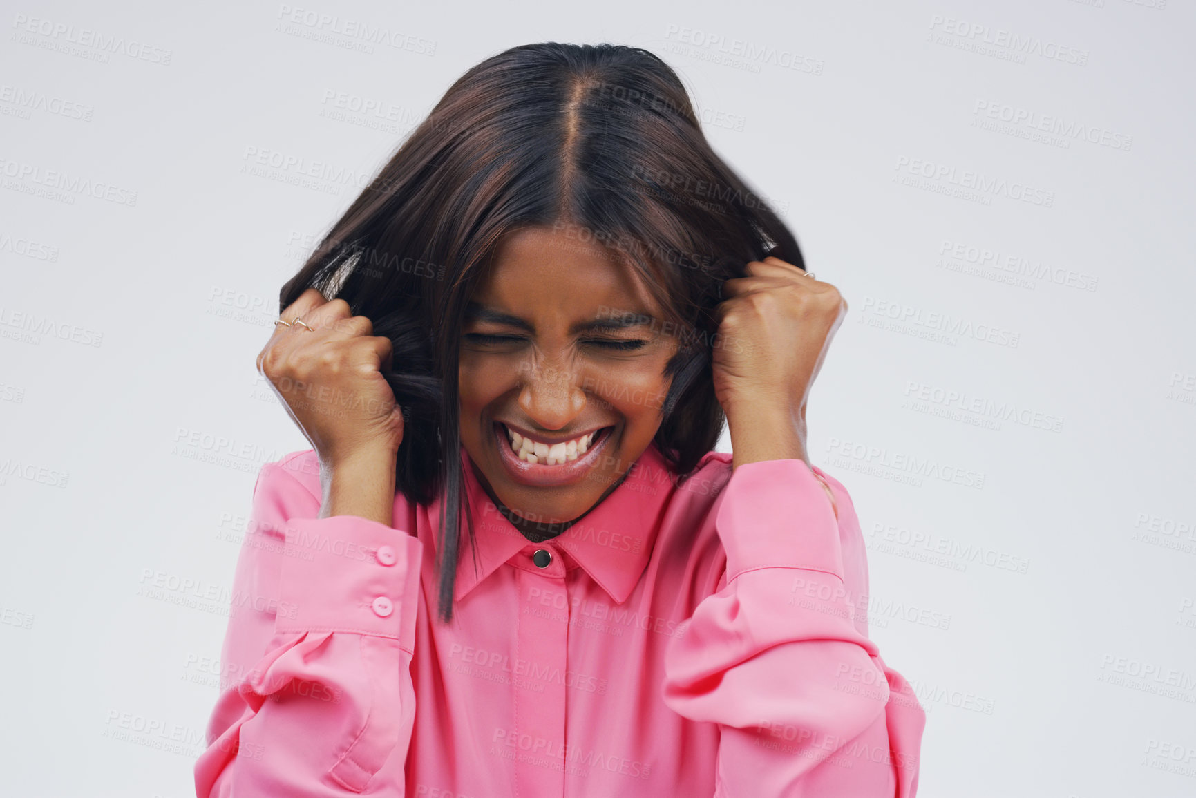 Buy stock photo Psychology, frustrated and woman in studio with mistake, fail or crisis for mental health problem. Worry, emotion and female person pulling hair for tension, pressure or burnout by gray background.