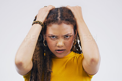 Buy stock photo Angry, portrait and woman in studio with mistake, fail or crisis for mental health problem. Stress, emotion and frustrated female person with tension, pressure or burnout isolated by gray background.