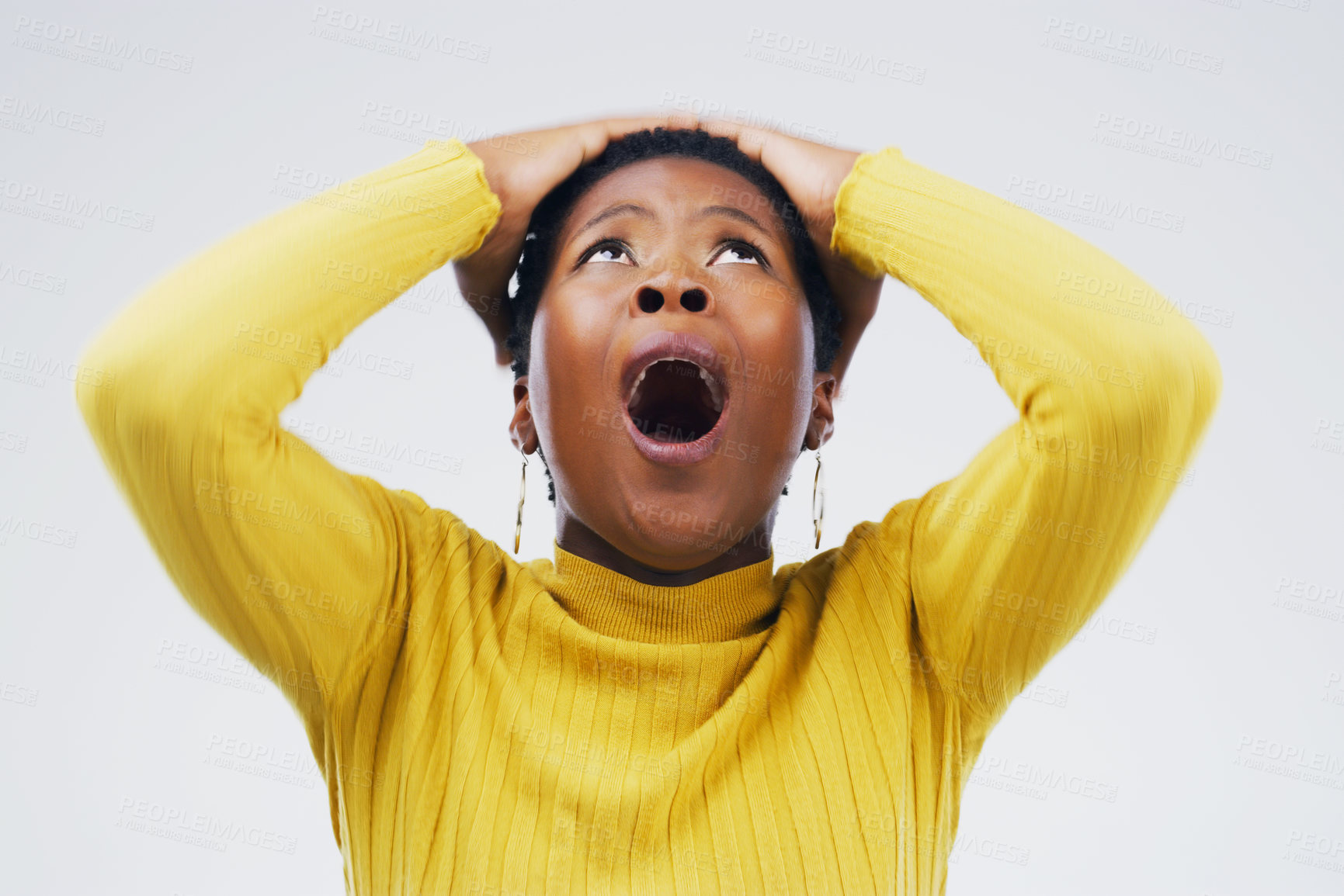 Buy stock photo Shocked, black woman and emoji with wow, confused and doubt on white studio background. African person, model and girl with surprise, mental health and stress with emotions and reaction with winner