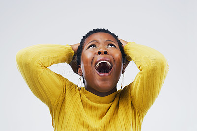 Buy stock photo Shocked, black woman and anxiety with wow, stress and doubt on white studio background. African person, model and girl with surprise, mental health or screaming with emotions or reaction with burnout