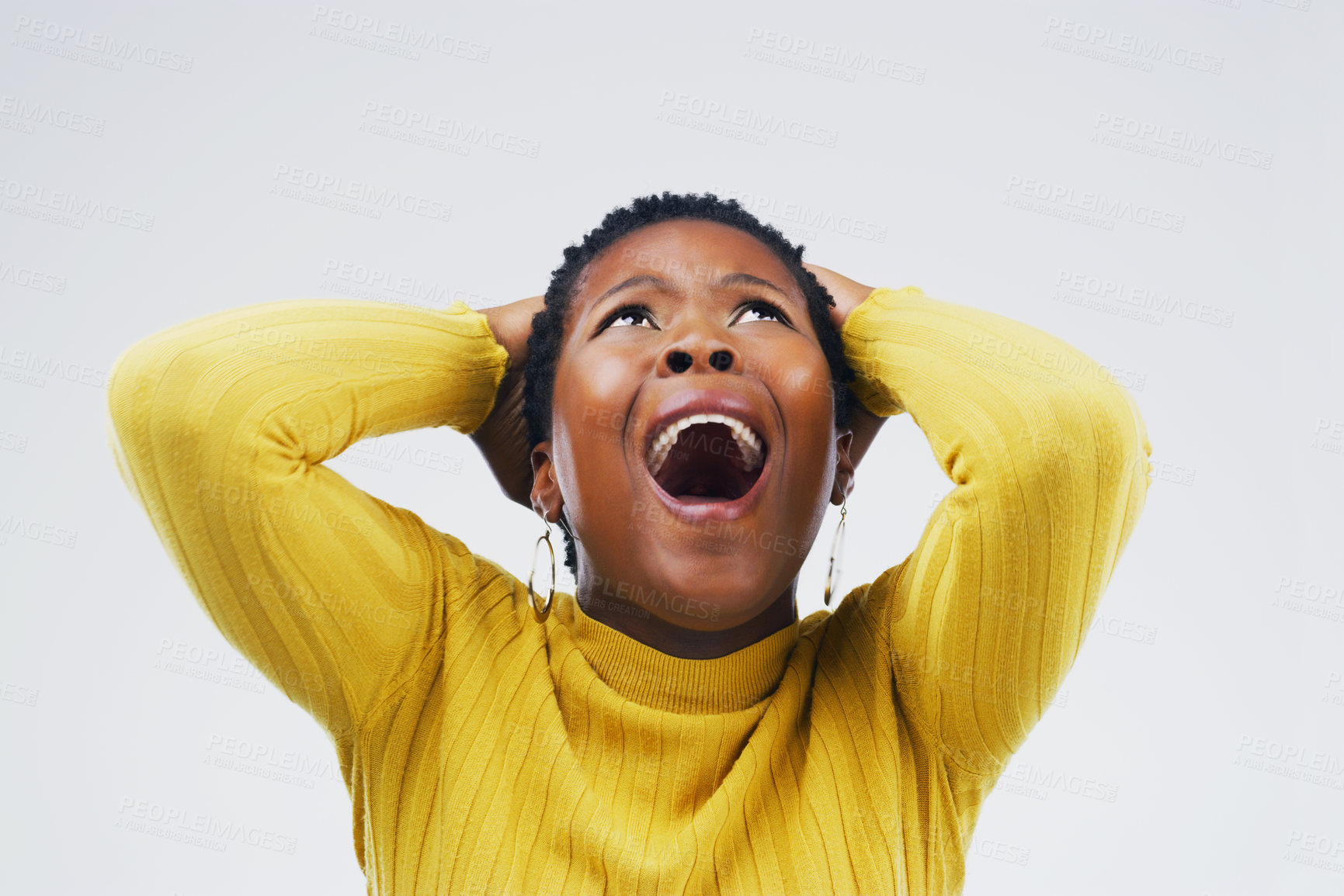 Buy stock photo Shocked, black woman and anxiety with wow, stress and doubt on white studio background. African person, model and girl with surprise, mental health or screaming with emotions or reaction with burnout