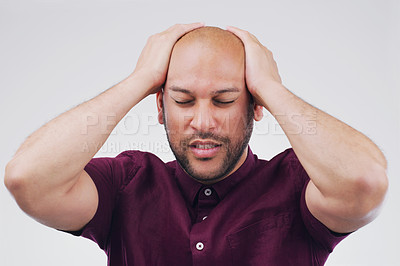 Buy stock photo Man, stress or frustrated with headache in studio, mental health or psychology with financial issues on white background. Crisis, disaster or pain from mistake in life, anxiety and debt with migraine