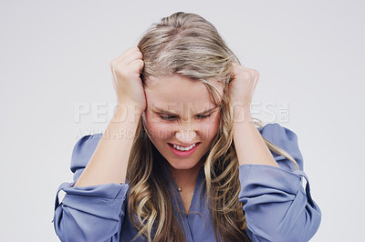 Buy stock photo Mental health, frustrated and woman in studio with mistake, fail or crisis for stress problem. Worry, emotion and upset female person with tension, pressure or burnout for career by white background.