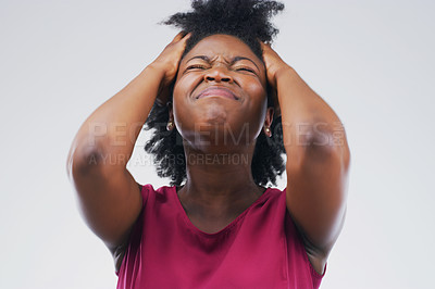 Buy stock photo Stress, frustrated and black woman in studio with mistake, fail or crisis for mental health problem. Worry, emotion and African female person with tension, pressure or burnout by gray background.