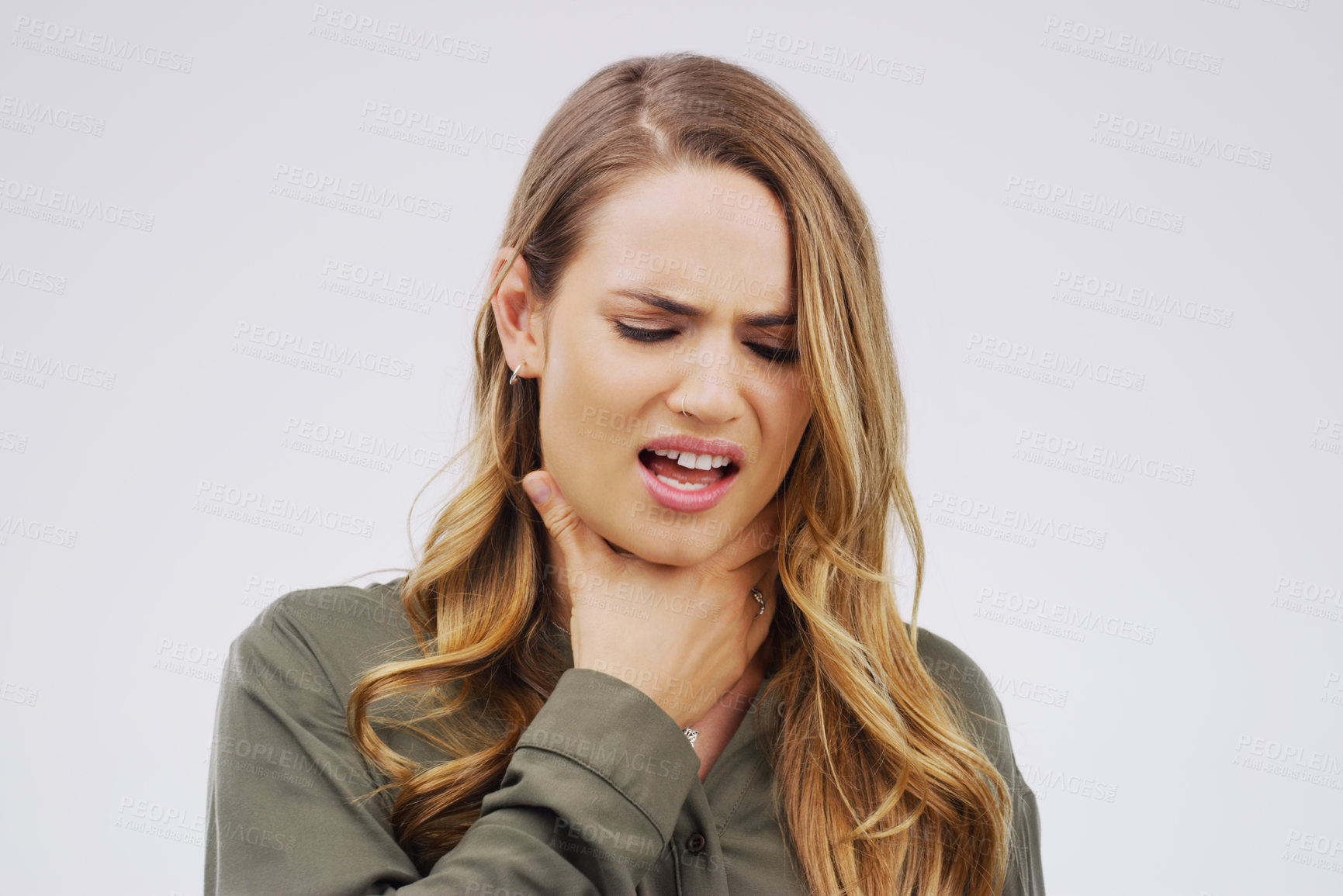 Buy stock photo Woman, sore throat and virus from cough, allergies or bacteria against a white studio background. Sick female person touching neck in pain, allergy or flu of cold, illness or tuberculosis infection