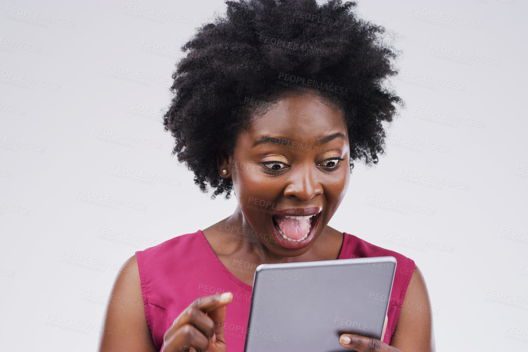 Buy stock photo Black woman, tablet and surprise in studio background for social media post, reading text or online blog. Female person, tech and shocked by white backdrop for internet news and website notification