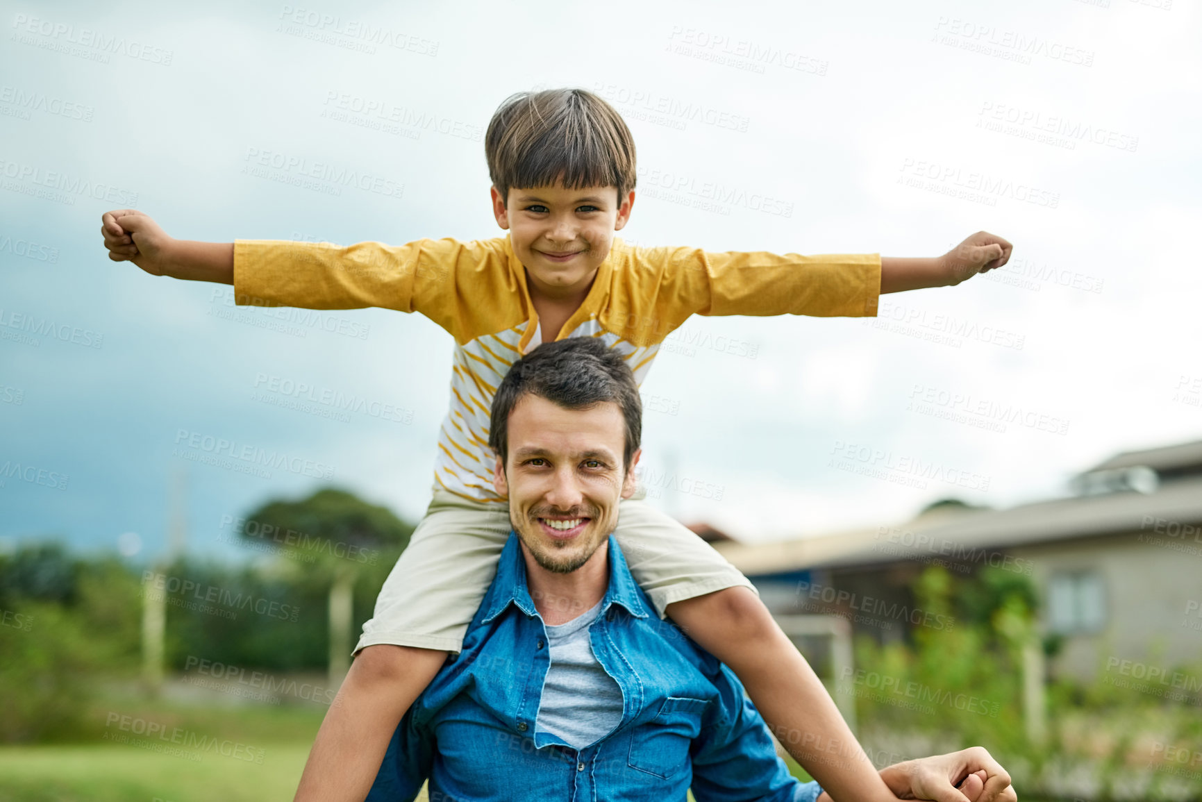 Buy stock photo Portrait, kids and a son on back of his dad outdoor in the garden to fly like an airplane while bonding together. Family, children and a father carrying his boy child while playing a game in the yard