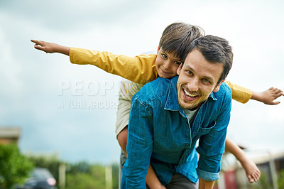 Buy stock photo Portrait, children and a son on back of his dad outdoor in the garden to fly like an airplane while bonding together. Family, kids and a father carrying his boy child while playing a game in the yard