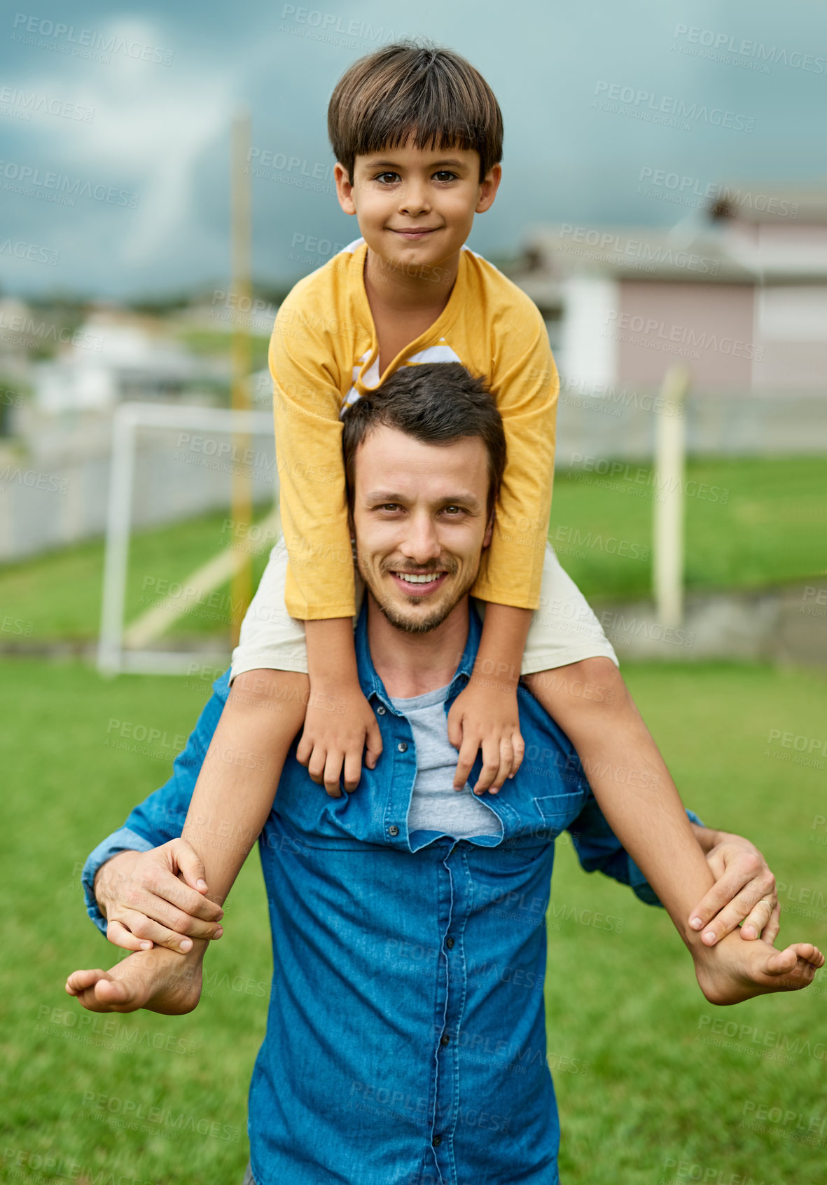 Buy stock photo Father, boy and happy on shoulder ride in garden at home for support, bonding and care in Italy. People, parent and smile with kid outdoor on portrait for playing, break and relax for child growth