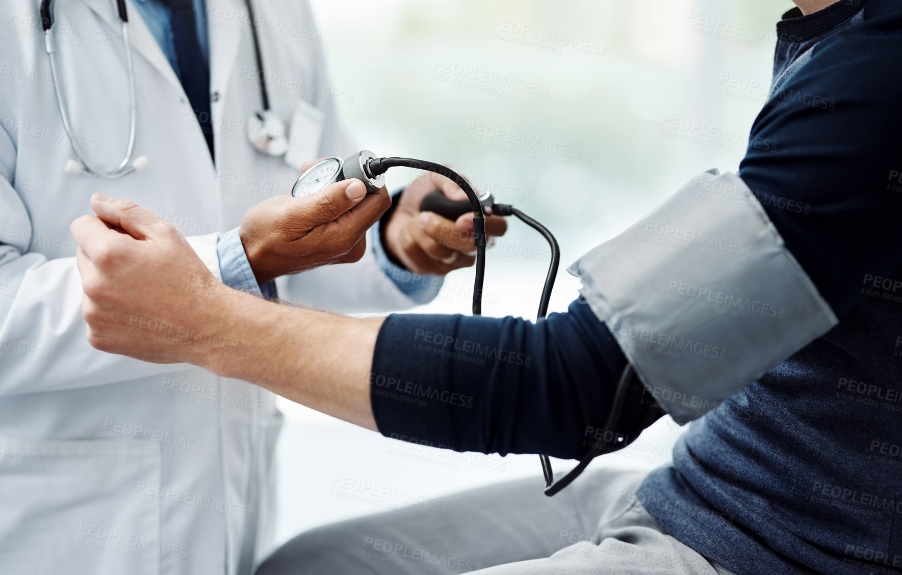 Buy stock photo Man, hands or doctor with pump for blood pressure, checkup or hypertension exam at hospital. Closeup, male person or medical cardiologist with tool or equipment for artery or cardiac result at clinic