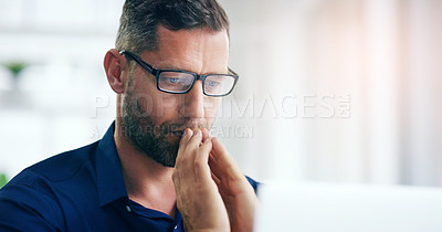 Buy stock photo Stress, challenge and laptop with a business man looking worried while working on a project in his office. Problem solving, bankruptcy and computer with an anxious male employee in doubt at work