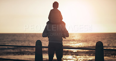 Buy stock photo Father, child and back in sunset by the ocean for family bonding, playing or fun holiday or weekend in nature. Dad carrying kid on piggyback by beach coast enjoying sunrise or travel together outdoor