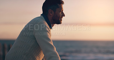 Buy stock photo Profile, sunset and thinking man by beach on vacation or holiday mockup space. Ocean, side view and happy male person relax outdoor by sea for travel, freedom and enjoying summer peace with a smile.