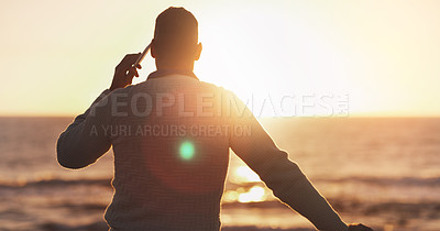 Buy stock photo Man, phone call and sunset sky at beach for talk, contact or communication by waves, water and nature. Person, smartphone and chat by ocean on mobile network in summer sunshine at dusk on vacation