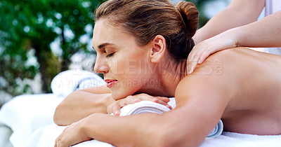 Buy stock photo Spa, massage and woman relax with physical therapy, body care and relaxation at a resort. Wellness, peace and lady person with masseuse for luxury, zen and stress free relaxation on Thailand vacation