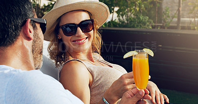 Buy stock photo Happy, morning and couple at resort for holiday, vacation and anniversary celebration at hotel. Marriage, love and man and woman with cocktail, juice and drink outdoors for bonding, romance and relax
