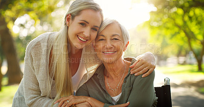 Buy stock photo Portrait, woman and mom in wheelchair for mothers day, happiness and support in nature for love. Smile, hug and family in park for exercise, senior person and retirement in summer for adventure