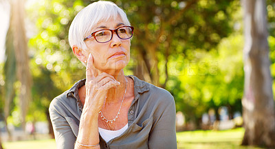 Buy stock photo Elderly woman, vision or thinking at a park, reflection or remember with nostalgia and choice for life extension treatment. Retirement, wellness and relax with mindfulness and hope for antiaging