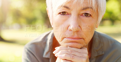 Buy stock photo Sad, portrait and senior woman outdoor in park, garden and nature for wellness and worried in summer. Stress, pension or mature lady in retirement for peace by trees, sunshine and environment
