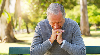 Buy stock photo Stress, thinking and senior man in a park sitting on a bench with a contemplating face and hand gesture. Nature, outdoor and elderly male person in retirement in a garden with a thoughtful expression
