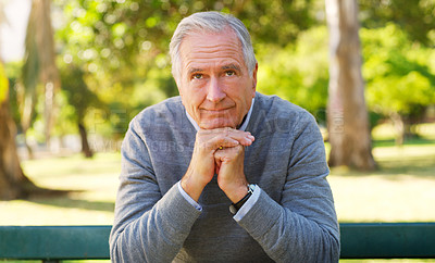 Buy stock photo Senior, man or park with hands for thinking on retirement, contemplating or planning for holiday. Male person or elderly with thought or idea in garden for vacation, relax in nature or hope for life