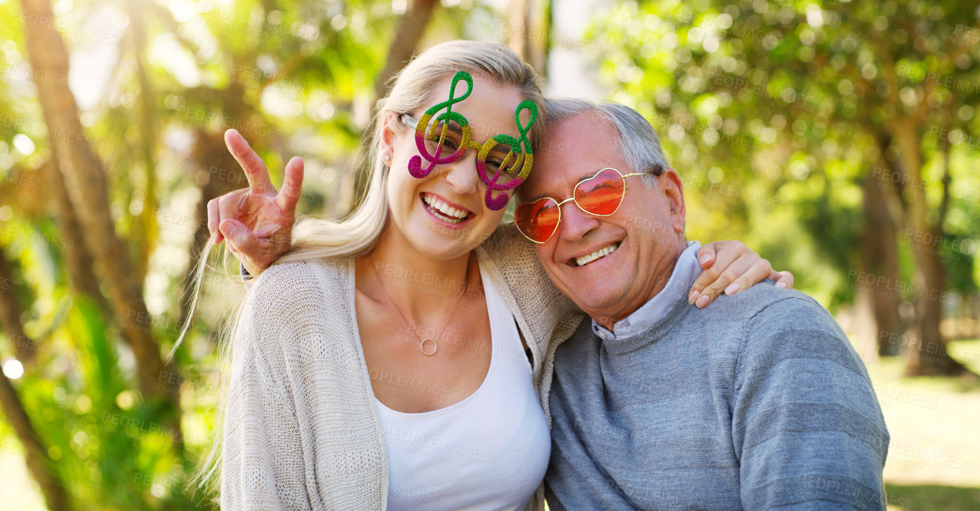 Buy stock photo Park, portrait and senior father with daughter, woman or love for care, hug or support in England. Smile, cool sunglasses or elderly man with girl in retirement on holiday in outdoor garden or nature