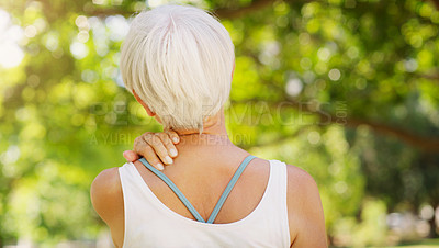 Buy stock photo Back view of senior woman, neck pain and injury outdoor, fibromyalgia health problem and joint ache from exercise. Female pensioner with arthritis, retirement with fitness in park and mockup space
