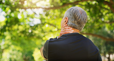 Buy stock photo Back view of senior man, neck pain and injury outdoor, fibromyalgia health problem and joint ache from exercise. Male pensioner with arthritis, retirement with fitness in park and mockup space
