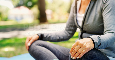Buy stock photo Woman in park, yoga and meditation with fitness outdoor, zen and calm with spiritual healing in park. Female person exercise in nature, pilates and meditate for health, wellness and mindfulness