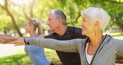 Buy stock photo Yoga, fitness and an old couple with their personal trainer in a garden for a health or active lifestyle. Exercise, wellness or zen and senior people outdoor for training with their pilates coach