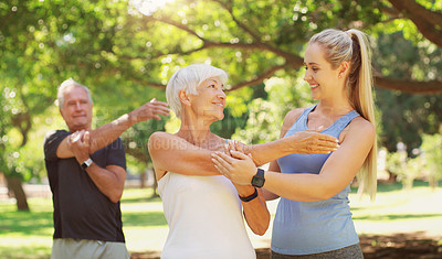 Buy stock photo Yoga, workout and an old couple with their personal trainer in a park for a health or active lifestyle. Exercise, wellness or zen and senior people outdoor for fitness class with their pilates coach