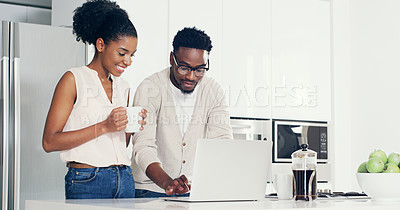 Buy stock photo Laptop, coffee and black couple in kitchen typing email for good news or job promotion at home. Happy, technology and African man and woman reading breakfast recipe online with computer at house.