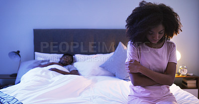 Buy stock photo Black couple, bedroom and sad woman at night thinking of divorce, stress or depression. Man sleeping in home bed with partner upset about fight, marriage and erectile dysfunction or cheating secret