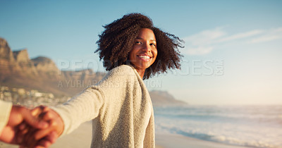 Buy stock photo Beach, love and woman holding hands with her boyfriend while on a summer vacation or weekend trip. Travel, outdoor and happy female person walking by the ocean with affection on a tropical holiday.