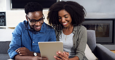 Buy stock photo Black couple, tablet and smile for social media on sofa in living room of home for browsing together. App, love or relax with happy young man and woman in apartment for post or status update