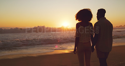 Buy stock photo Man with woman holding hands, beach at sunset and sea with back view, mockup space and travel with couple outdoor. Love, romance and trust with people in commitment, tropical holiday and ocean waves