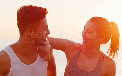 Buy stock photo Happy couple, smile and sunset for fitness, exercise workout and health wellness for active training. Man, woman and laugh for wellbeing or adventure activity in sunrise for relationship on flare