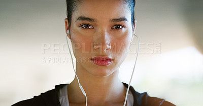 Buy stock photo Fitness, focus and portrait of woman with earphones for streaming music, listening to podcast or radio station. Serious, sport and athlete for running, morning workout or cardio exercise on banner