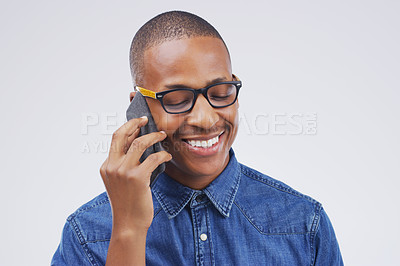 Buy stock photo Phone call, happy and black man in studio with smile for conversation, talking and chatting. Communication mockup, white background and male person on smartphone for network, contact and connection