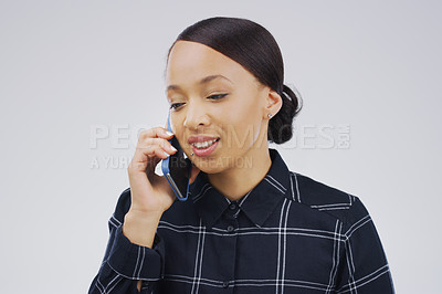 Buy stock photo Phone call, happy and face of woman in studio for conversation, talking and chatting. Communication mockup, white background and female person on smartphone for networking, contact and connection