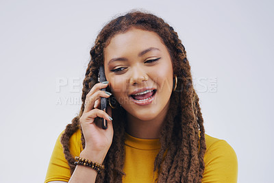 Buy stock photo Phone call, talking and face of woman in studio for conversation, talking and chatting. Communication mockup, white background and female person on smartphone for network, contact and connection