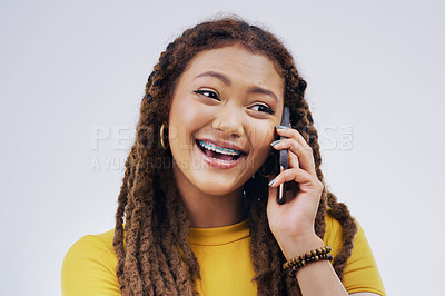 Buy stock photo Phone call, funny and woman talking in studio isolated on a white background. Cellphone, laughing and African female person in communication, speaking or discussion, comedy or comic, meme and excited