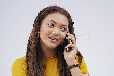 Buy stock photo Phone call, communication and woman in studio with smile for conversation, talking and chatting. Networking mockup, white background and male person on smartphone for speaking, contact and connection