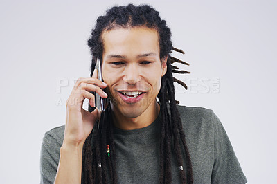Buy stock photo Phone call, happy and face of man in studio with smile for conversation, talking and chatting. Communication mockup, white background and male person on smartphone for network, contact and connection
