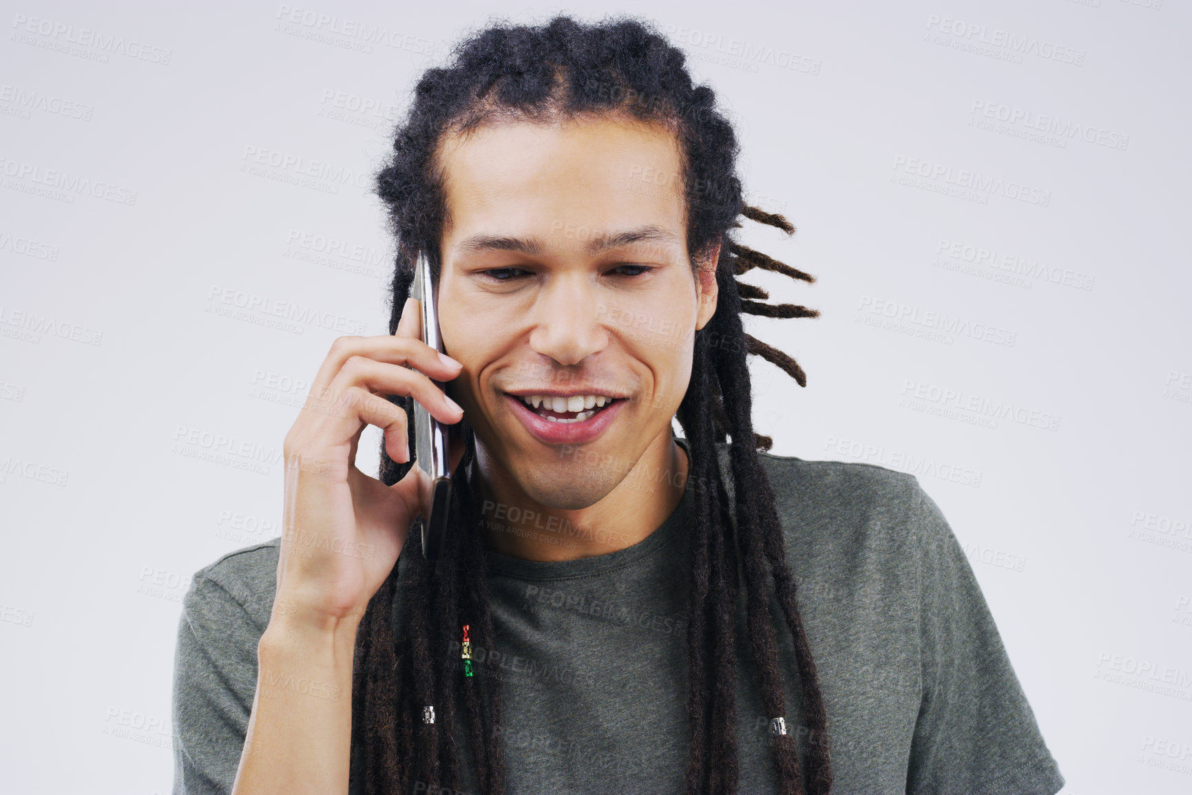 Buy stock photo Phone call, happy and face of man in studio with smile for conversation, talking and chatting. Communication mockup, white background and male person on smartphone for network, contact and connection