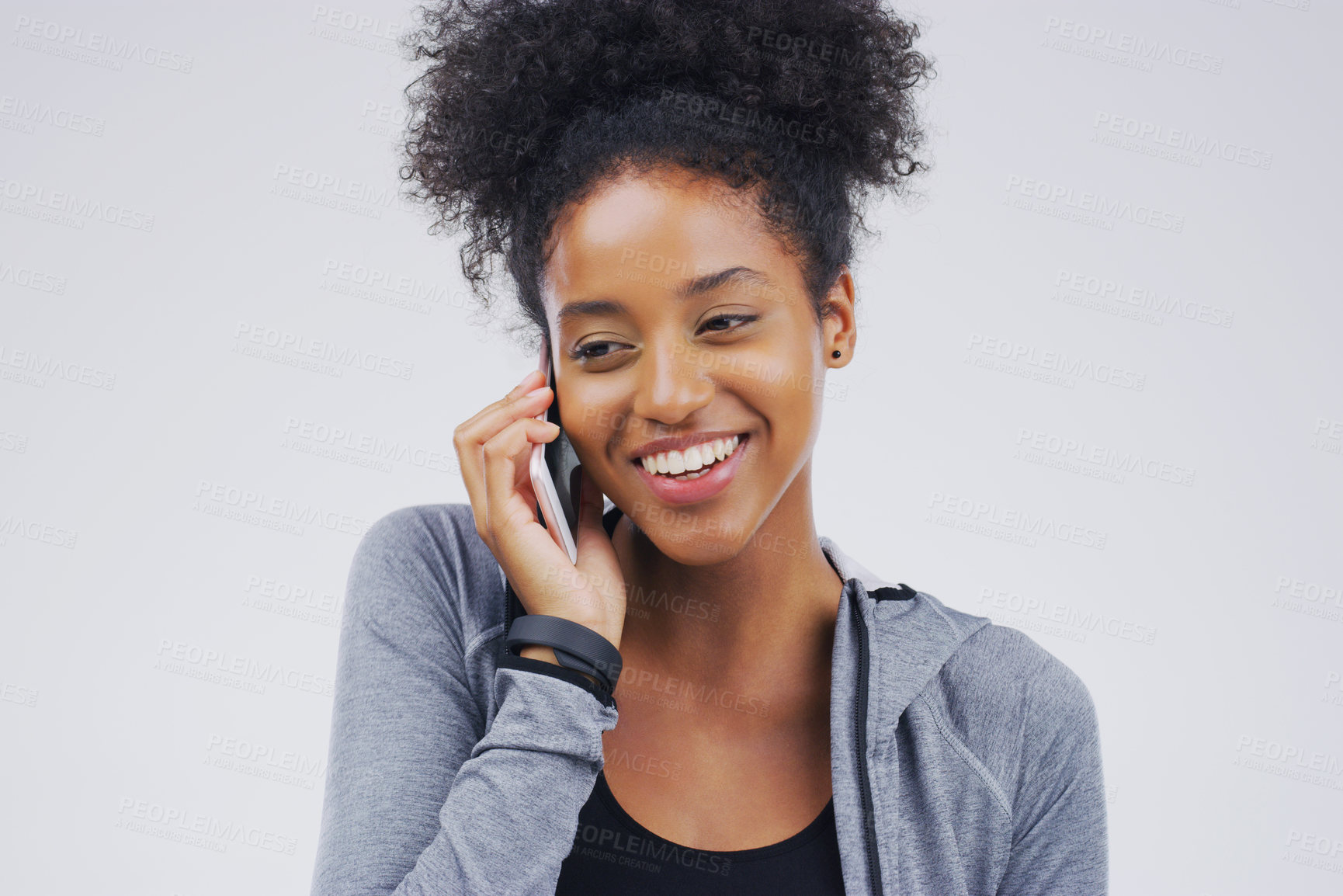 Buy stock photo Phone call, smile and black woman speaking in studio isolated on a white background with mockup. Cellphone, happy and African female person in communication, conversation or discussion with contact.
