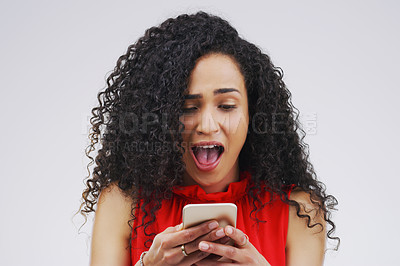 Buy stock photo Wow, social media and a woman with a phone for a chat isolated on a white background in a studio. Surprise, fake news and young girl with a mobile for communication, conversation app and connectivity