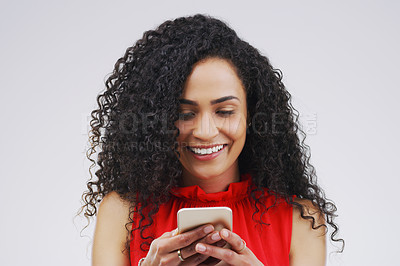 Buy stock photo Social media, mockup and woman with a phone, typing and happiness against white studio background. Female person, girl and model with a smartphone, mobile app and contact with network and internet