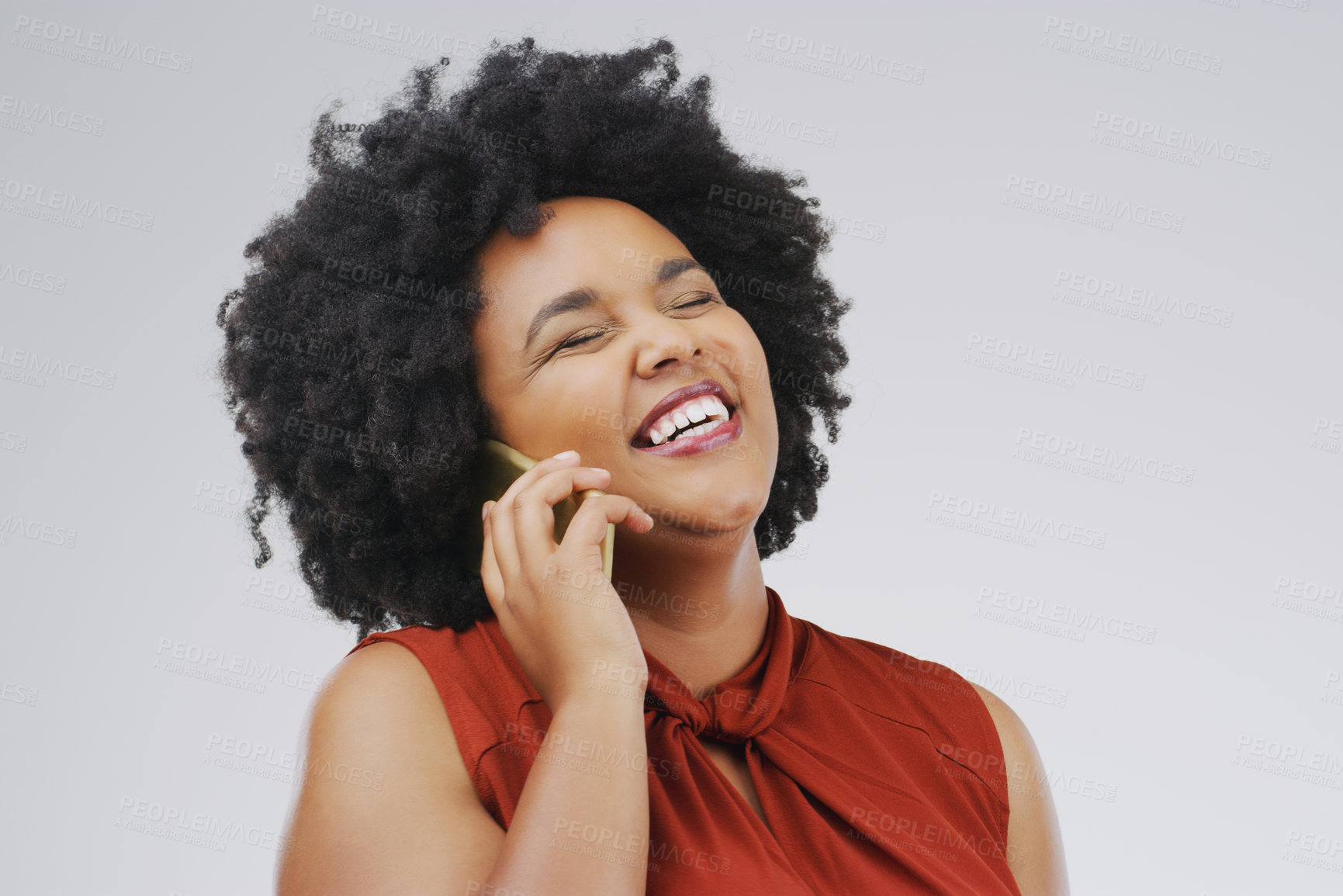 Buy stock photo Phone call, laugh and woman in studio for conversation, talking and funny chat on mockup. Communication, white background and happy african female person on smartphone for joke, contact and comedy
